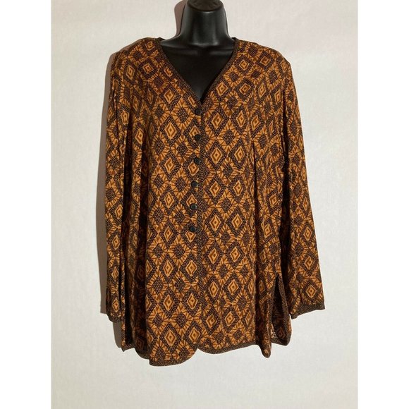 ELLEN FIGG Made in USA Geometric Long Sleeve Blouse Size 16 - Picture 1 of 6